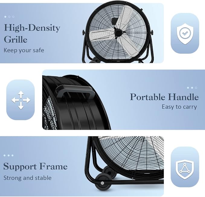 LifePlus 14000 CFM Heavy Duty Industrial Drum Fan, 30 Inch 550W Metal Shop Fan with 3 Speeds, 360° Tilt, Wheels for Warehouse, Commercial, Workshop, Factory and Basement, Black