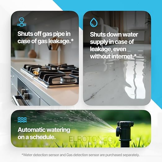 Smart Valve Controller ELROTONEG, Wi-Fi Electric Water Shutoff Controller, Tuya & Smart Life App Control, Compatible with Alexa, No Hub Required