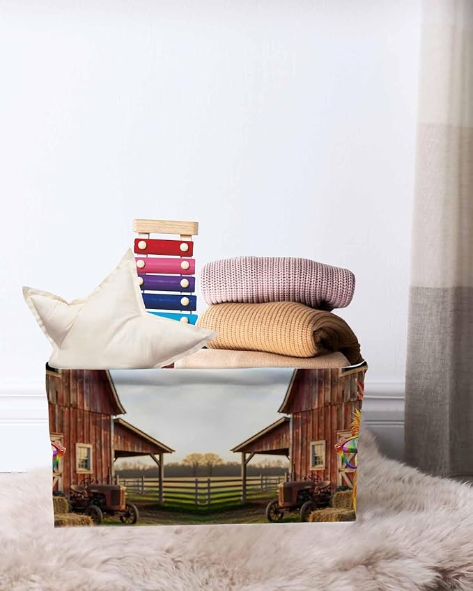 Farm Rooster Storage Bins Cubes Waterproof Cloth Storage Basket, Farmhouse Barn Funny Animals Butterfly Foldable Storage Bags for Shelf Clothes Storages Organizers with Handles 15x11x9.5 in 1PCS
