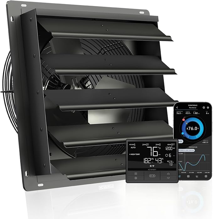 AC Infinity AIRLIFT T16, Shutter Exhaust Fan 16" with WiFi Temperature Humidity Controller, EC-Motor Wall Mount Ventilation and Cooling for Sheds, Attics, Workshops, and Greenhouses