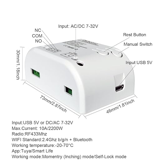 Smart WiFi Wireless Relay Switch Module, Tuya 1CH AC/DC 7-32V/ USB 5V Smart Life Remote Control, Dry Contact Momentry Switch Compatible with Alexa and Google Home