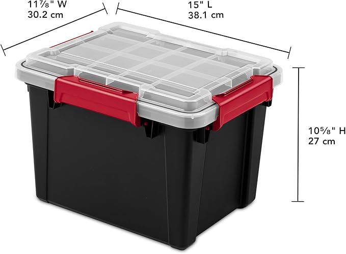 Sterilite 18 Pack 5 Gallon Gasket Box, Stackable Plastic Storage Container with Lids, Black - Waterproof and Dustproof Tote for Home Organization