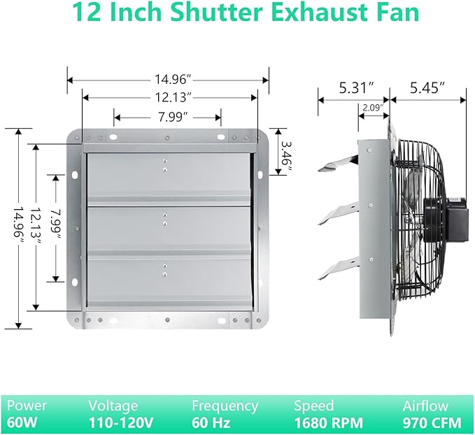 Shutter Exhaust Fan,12 inch Wall Mount Vent Fan with ON/OFF Switch,1680 RPM,970 CFM Attic Ventilator Fan for Greenhouse, Barn, Garage, Shed,Chicken Coops Ventilation Fans