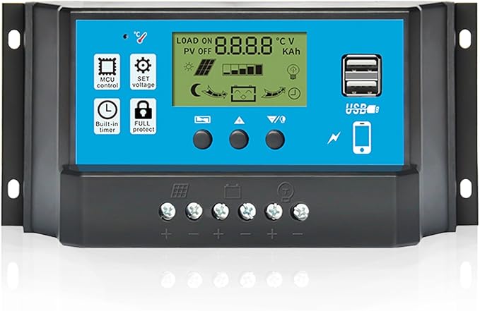 60A PWM Solar Charge Controller 12V/24V with LCD Display, Dual USB Solar Panel Battery Intelligent Regulator, Auto Parameter Adjustable, Timer Setting, Multiple Load Control Modes