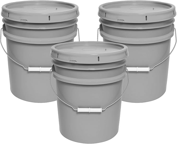 MKS Plastics 5-Gallon Bucket with Airtight Lid – Made in USA, Food Grade BPA Free Plastic, Heavy Duty Multi-Use, Metal Handle with Grip, Stackable Storage – Silver, 3 Pack