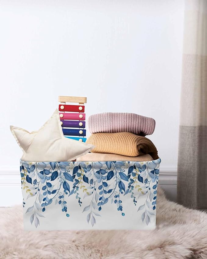 Blue Eucalyptus Storage Bins Cubes Waterproof Cloth Storage Basket, Watercolor Spring Weeping Botanical Foldable Storage Bags for Shelf Clothes Storages Organizers with Handles 15x11x9.5 in 1PCS