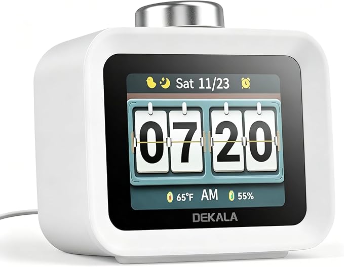 Dekala AuraDot Cute Aalarm Clock Temperature Humidity Monitor, White Noise Sound Machine for Sleep 30 Non-Loop Soothing Sounds, Animationed Sleep Screen, 7-Day Programmable 4 Alarm Clock