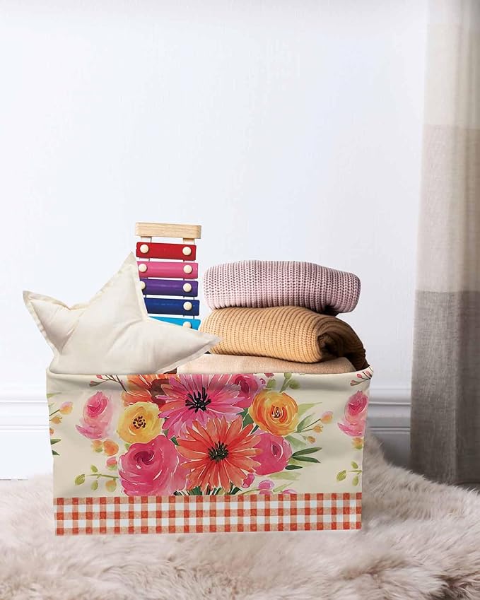 Spring Flowers Storage Bins Cubes Waterproof Cloth Storage Basket,Vintage Pastoral Floral Leaves Farm Checkered Foldable Storage Bags for Shelf Storages Organizers with Handles 15x11x9.5 in 2PCS