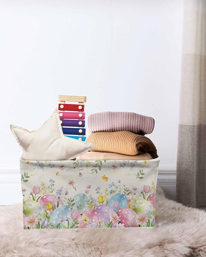 Easter Eggs Storage Bins Cubes Waterproof Cloth Storage Basket, Spring Daisy Eucalyptus Leaves Vintage Foldable Storage Bags for Shelf Closet Clothes Storages Organizers with Handles 15x11x9.5 in 2PCS