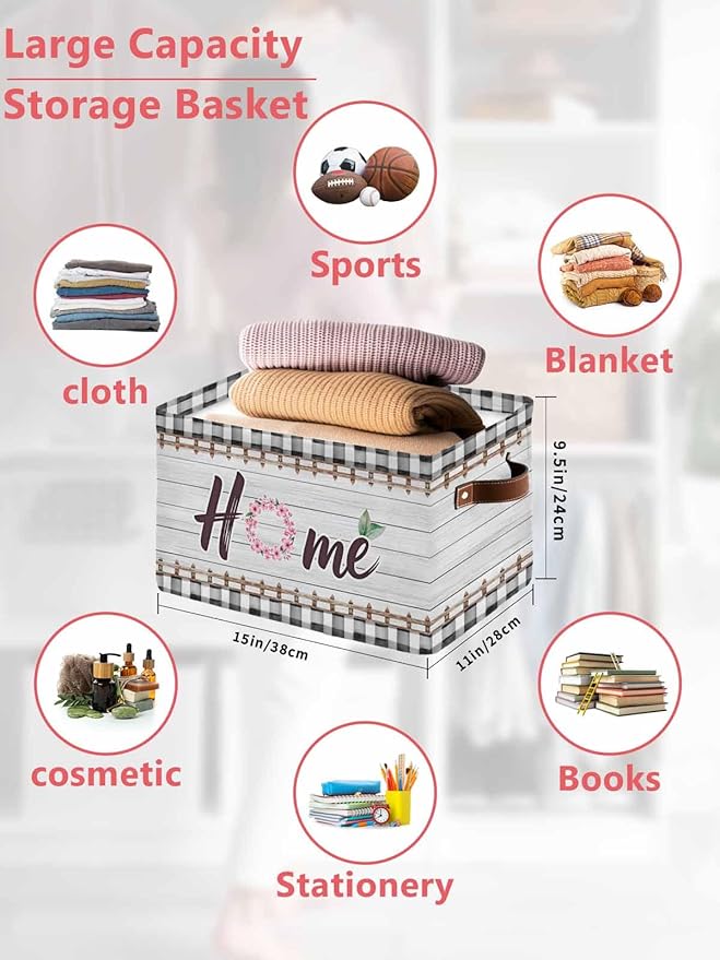 Spring Flowers Storage Bins Cubes Waterproof Cloth Storage Basket,Farmhouse Watercolor Black Plaid Wood Grain Foldable Storage Bags for Shelf Clothes Storages Organizers with Handles 15x11x9.5 in 2PCS