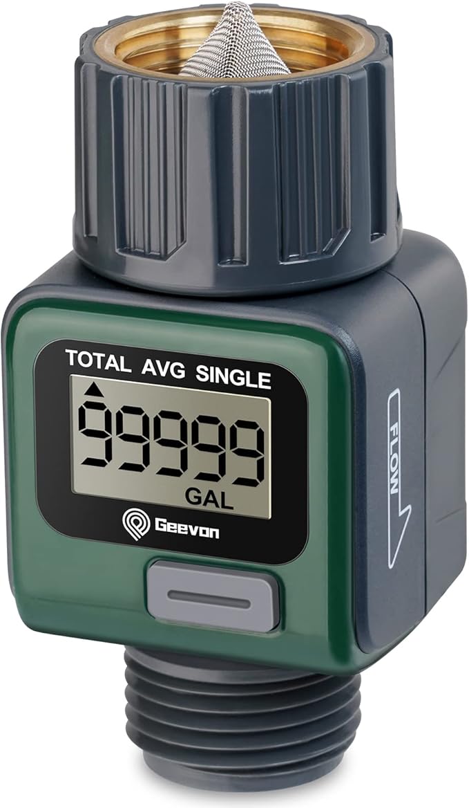 Geevon Garden Hose Water Flow Meter with Brass Inlet Metal Thread, High Accuracy & IPX6 Waterproof for Outdoor Garden Watering, RV Water Tank Filling, Lawn Sprinkler, and Nozzle Sprayer (2 Pack)
