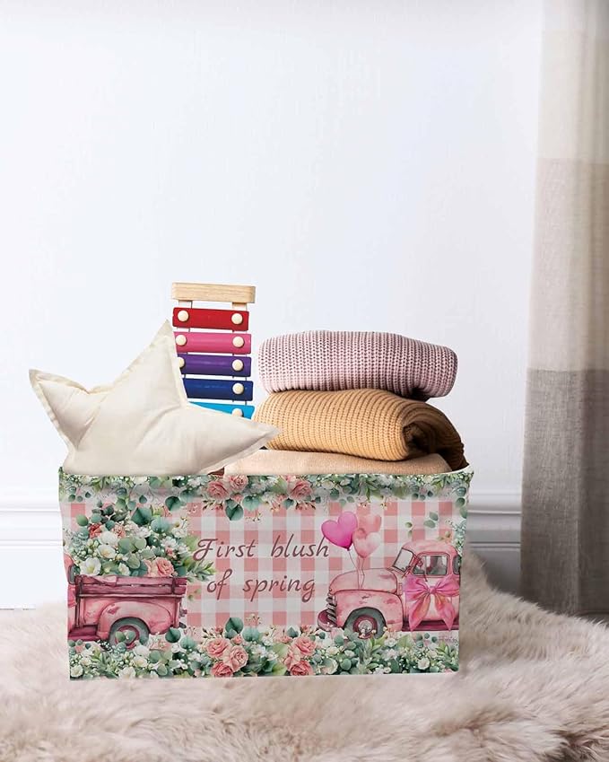 Eucalyptus Trucks Storage Bins Cubes Waterproof Cloth Storage Basket,Spring Farmhouse Floral Leaves Pink Plaid Foldable Storage Bags for Shelf Storages Organizers with Handles 15x11x9.5 in 1PCS