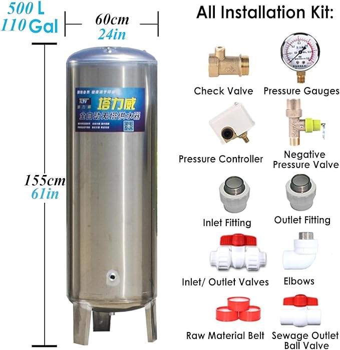 Pressurized Water Tank Well Pressure Tank 60gal 50gal 40gal 26gal Deep Well Pressure Tank with Installation Kit, Home/Garden Water Storage Tanks Pressurized Stainless Steel for Well Pump(155x50cm/61x1