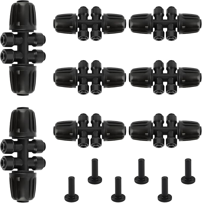Kalolary 8PCS 1/2'' to 1/4'' Barbed Tee Quick Connector, Push-to-Fit Drip Irrigation Fittings Anti-Leak Locked Splitter Fitting for Irrigation Tubing with 6-Way Connector& 6 Plugs
