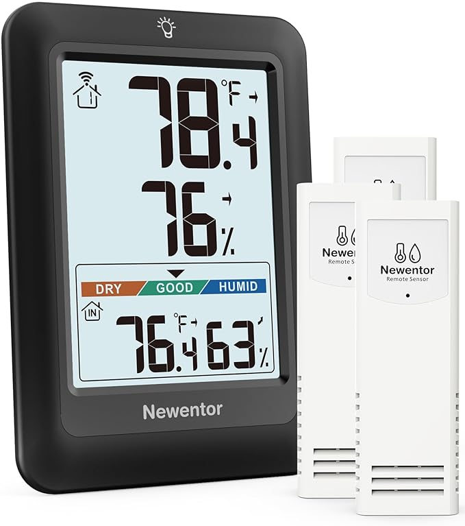Newentor Indoor Outdoor Thermometer Wireless, Weather Stations Wireless Indoor Outdoor, Outdoor Thermometers for Patio House, Outside Inside Thermometers with Comfort Indicator, Black with 3 Sensors