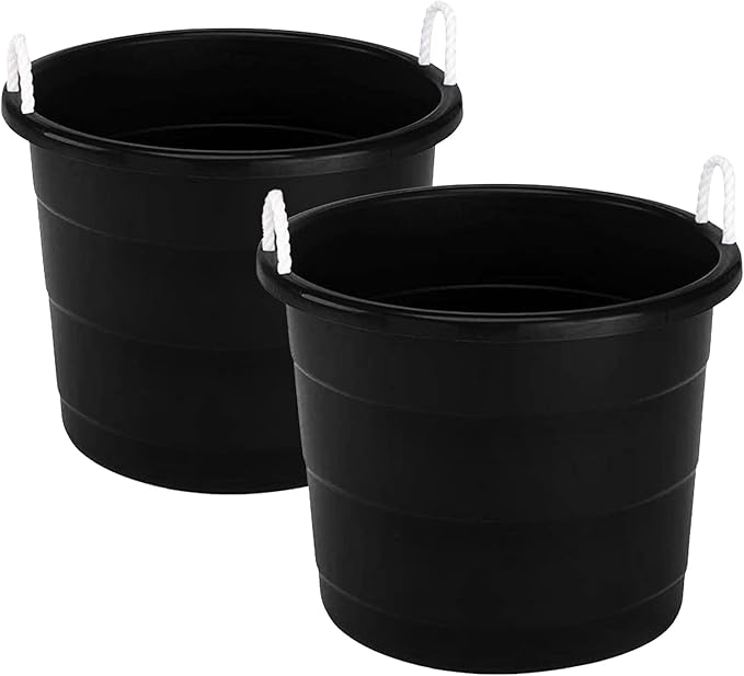 HOMZ 6-Pack Utility Tub, Large Plastic Storage Bucket with Rope Handles, 17 Gallon, Black - Portable Indoor and Outdoor Buckets for Kitchen, Laundry, Garden, Bathroom, and Garage Organization