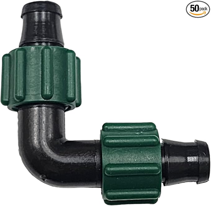 USA Made - Premium Drip Tape Irrigation Tubing Elbow 50 Pack (5/8" or .625" - .645") Universal Perma-Loc Connector Barbed Locking Fitting - Fits All Brands 16mm Drip Tape AG Tubing