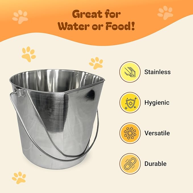 ADVANCE PET PRODUCTS 9 Quart Heavy Duty Stainless Steel Flat Side Bucket | Durable Food & Water Pail for Dogs, Cats, Kennels, Cages and Critter Crates | Multi-Purpose Bucket