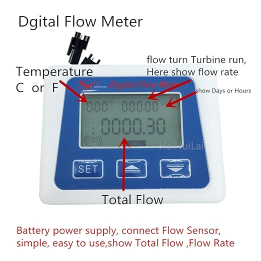Water Flow Sensor Digital LCD Display Water Flow Sensor Meter, Flowmeter Totalmeter with 3/8" / 1/4" Flow Battery Working Meter(3/8")