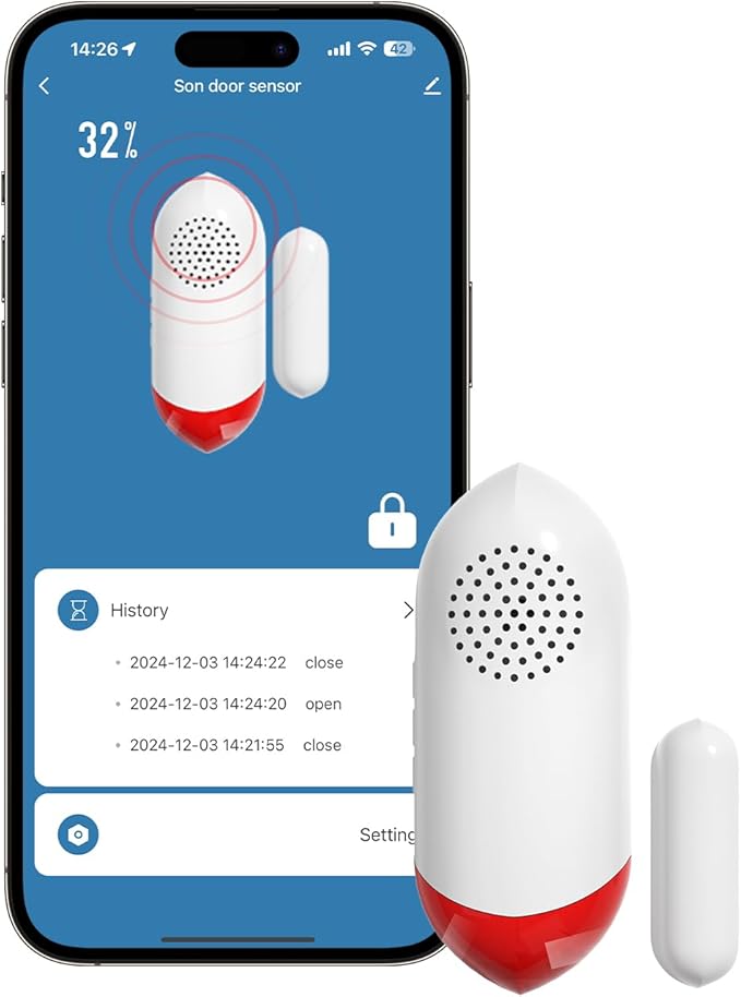 PILSAMAS Smart WiFi Freezer Refrigerator Door Alarm with APP Alerts, No Subscription Fee, 0-60s Delay, Scheduled Arm/Disarm, 0-120dB Adjustable Siren with Light for Fridge/Home/Commercial