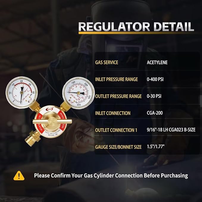 CDL LX45 Light Duty Acetylene Regulator CGA200,Forged Brass,Large Tank Gauge Cutting Torch Regulator,0-400PSI Inlet,0-30PSI Outlet