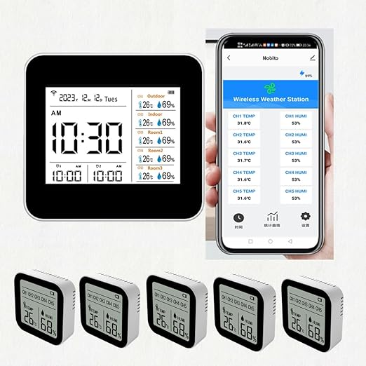 Weather Stations Wireless Indoor Outdoor Thermometer & Smart WiFi with Phone App Weather Station with Multiple sensors Temperature and Humidity Monitor & Store Data for 1 Year (2CO12 with 5 sensors)