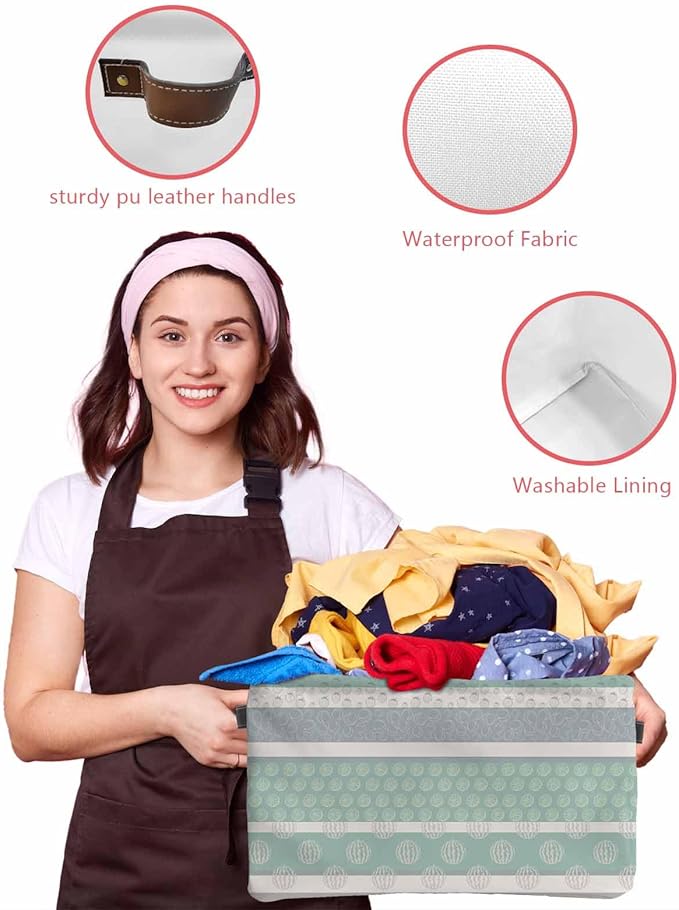 Farm Fruits Storage Bins Cubes Waterproof Cloth Storage Basket,Watermelon Lemons Peach Green Grey Striped Foldable Storage Bags for Shelf Clothes Storages Organizers with Handles 15x11x9.5 in 1PCS