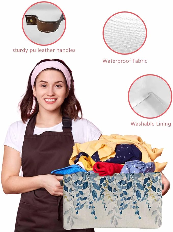 Blue Eucalyptus Storage Bins Cubes Waterproof Cloth Storage Basket, Farmhouse Weeping Leaves Linen Foldable Storage Bags for Shelf Closet Clothes Storages Organizers with Handles 15x11x9.5 in 1PCS