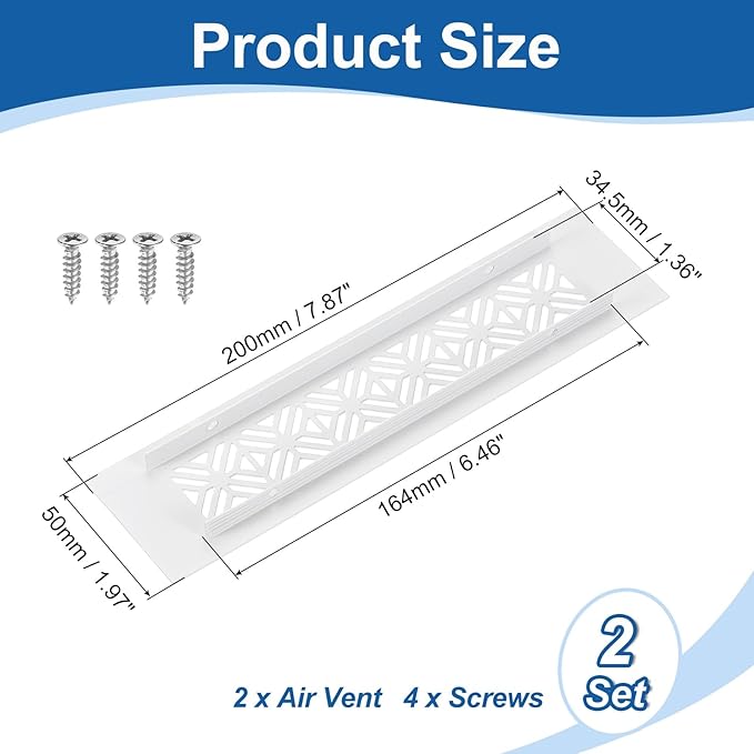 uxcell 2Pcs Aluminum Alloy Air Vents, 200 x 50mm / 7.9 x 2" Rectangle Louvered Ventilation Grille Cover with Mounting Screws for Door Cabinet Wardrobe, White