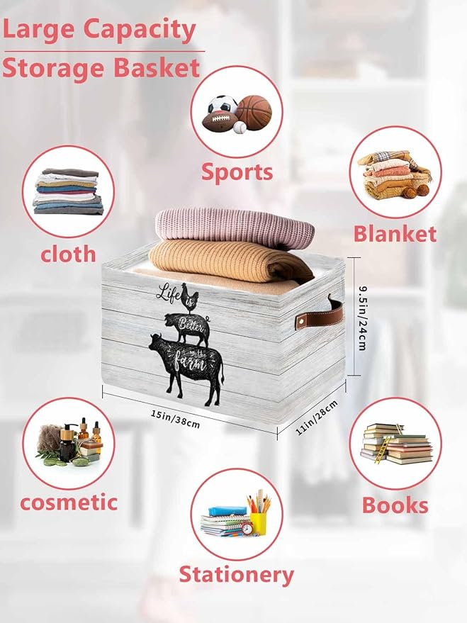 Farm Animals Storage Bins Cubes Waterproof Cloth Storage Basket, Chicken Pig Cattle Rustic Retro Wooden Board Foldable Storage Bags for Shelf Closet Clothes Organizers with Handles 15x11x9.5 in 2PCS