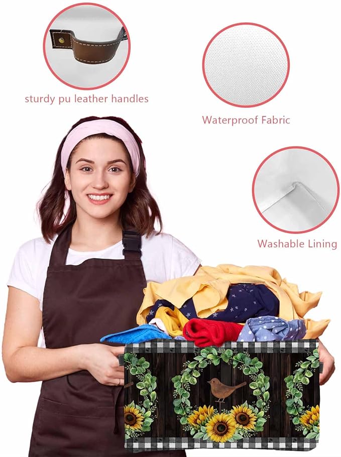 Spring Eucalyptus Sunflower Storage Bins Cubes Waterproof Cloth Storage Basket,Farmhouse Birds Brown Wood Foldable Storage Bags for Shelf Clothes Storages Organizers with Handles 15x11x9.5 in 2PCS