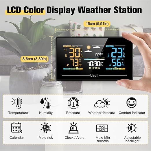 Uzoli EM3405 Wireless Weather Station Indoor Outdoor Thermometer with Remote Sensor, Color Display Home Weather Station with Weather Forecast, Atmospheric Pressure Monitor, Weather Alert