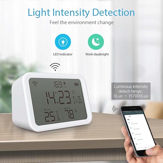 WiFi Thermometer Hygrometer, Smart Indoor Bluetooth Temperature Humidity Sensor with App Alerts, Temperature Humidity Time & Light Monitoring 4-in-1 Perfect for Greenhouse Home RV Wine Cellar
