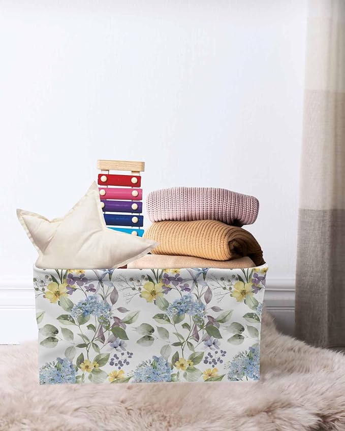 Vintage Spring Floral Storage Bins Cubes Waterproof Cloth Storage Basket, Farmhouse Flowers Watercolor Foldable Storage Bags for Shelf Closet Clothes Storages Organizers with Handles 15x11x9.5 in 2PCS