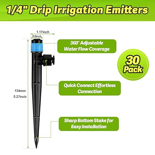 30 Pack Quick Connect Drip Emitters Fan Shape with Stake for 1/4" Irrigation Tubing, Adjustable 360 Degree Water Flow Irrigation Vortex Sprayer Garden Irrigation Dripper for Watering System