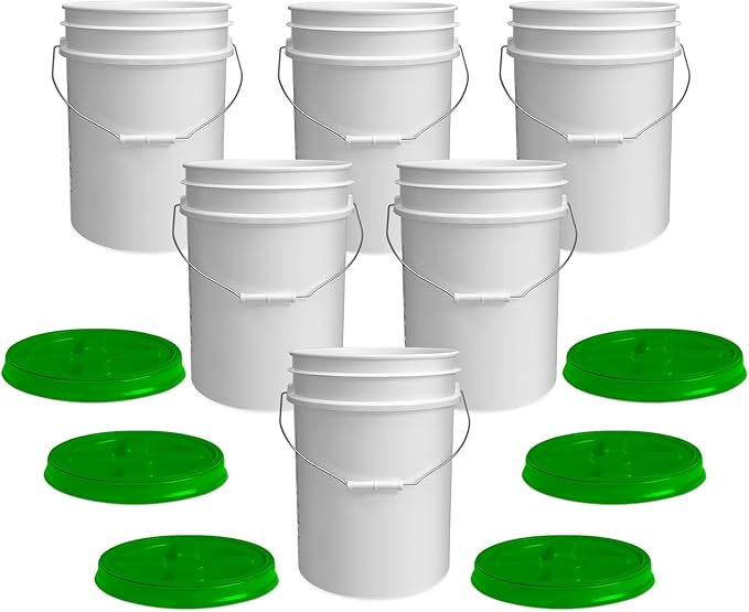 ePackageSupply 5 Gallon Bucket - Food Grade Bucket with Airtight Gamma Seal Screw-On Lid, BPA-Free, Heavy-Duty 90 Mil HDPE Plastic, Bulk Storage, Durable Container, Made in USA, White/Green, 6 Packs