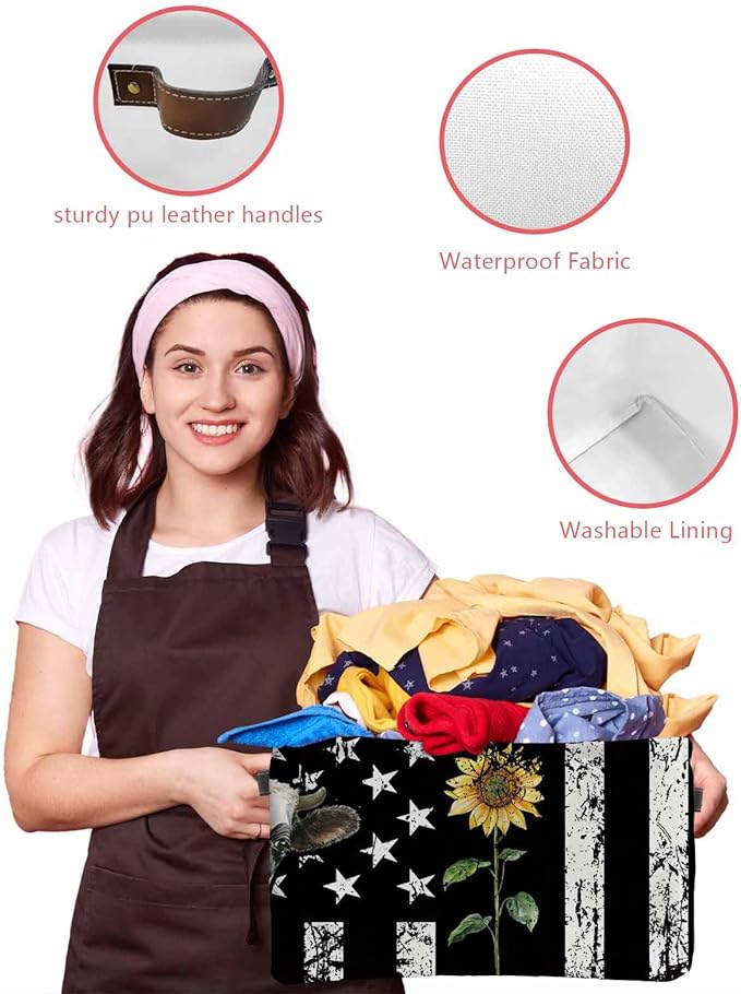 Vintage American Flag Storage Bins Cubes Waterproof Cloth Storage Basket, Farmhouse Cow Sunflowers Foldable Storage Bags for Shelf Closet Clothes Storages Organizers with Handles 15x11x9.5 in 1PCS