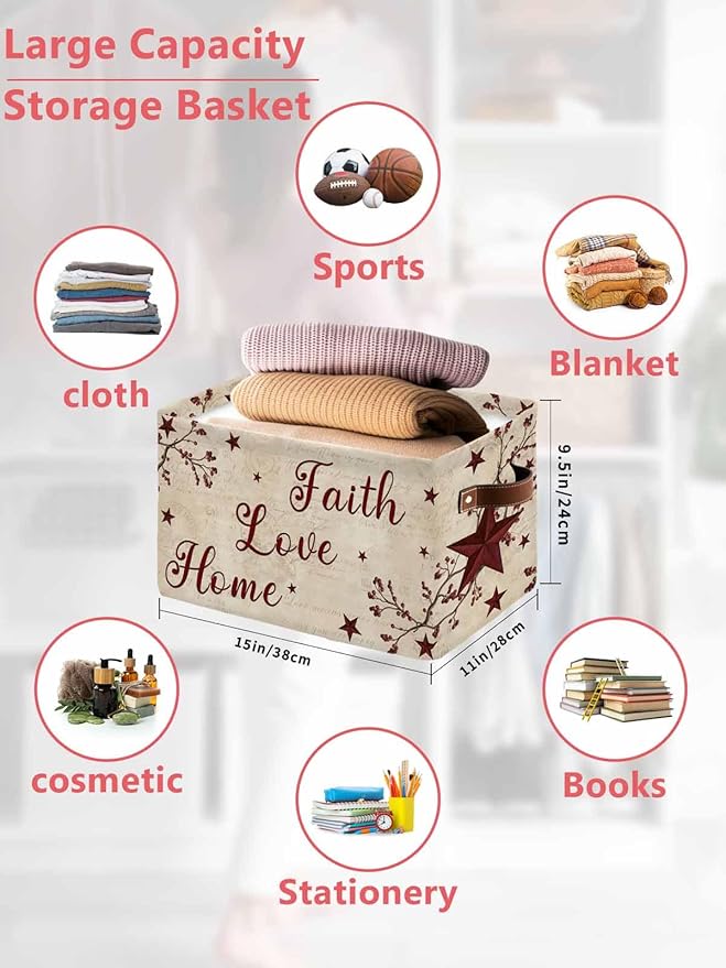 Vintage Country Storage Bins Cubes Waterproof Cloth Storage Basket,Vintage Rustic Texas Stars Plants Branch Foldable Storage Bags for Shelf Clothes Storages Organizers with Handles 15x11x9.5 in 1PCS