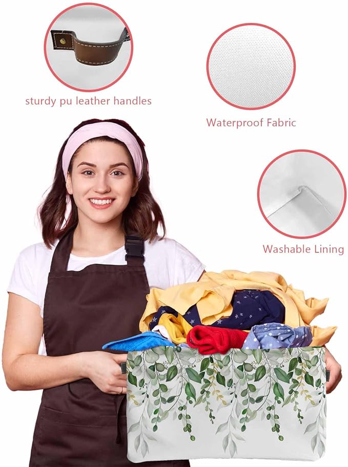 Sage Green Eucalyptus Storage Bins Cubes Waterproof Cloth Storage Basket,Watercolor Spring Weeping Botanical Foldable Storage Bags for Shelf Clothes Storages Organizers with Handles 15x11x9.5 in 2PCS