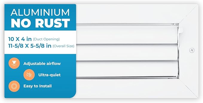 Aluminum 10 x 4 in (Duct Opening) 1-Way Air Duct Register Vent Cover for Ceiling and Wall - Modern HVAC Louver Vent Cover Adjustable – Durable Rustproof Wall Grille – Overall Size 11-5/8 x 5-5/8 Inch