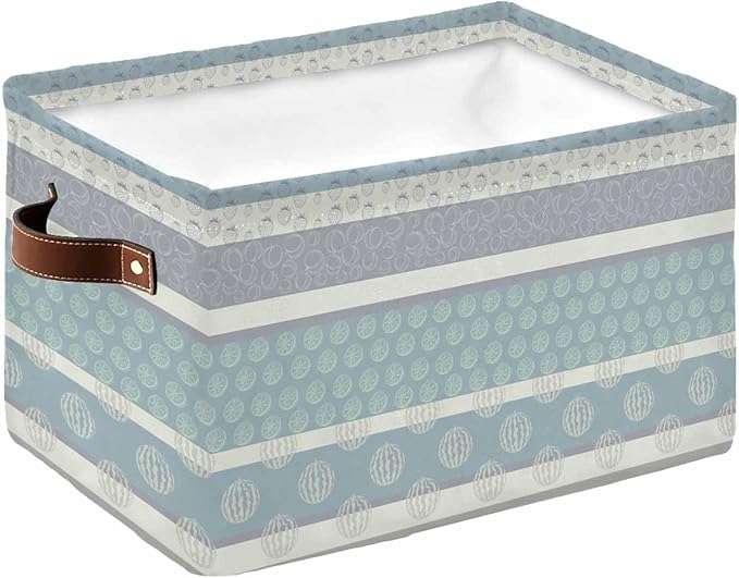 Farm Fruits Storage Bins Cubes Waterproof Cloth Storage Basket,Watermelon Lemons Peach Blue Grey Striped Foldable Storage Bags for Shelf Clothes Storages Organizers with Handles 15x11x9.5 in 1PCS