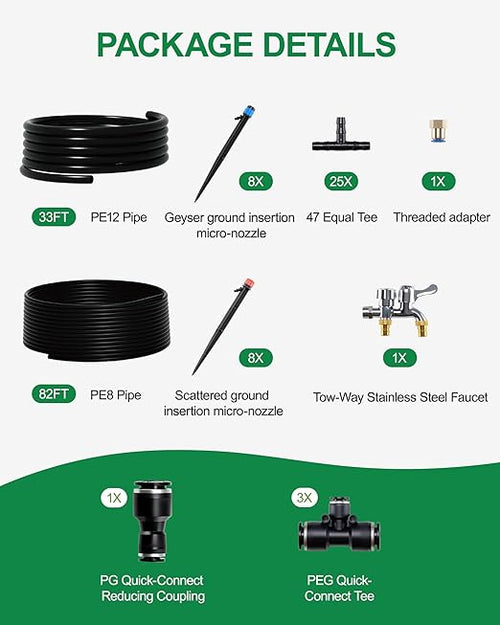 115FT Drip Irrigation System Kit, Automatic Garden Watering System with 1/2” & 1/3” Tubing, Adjustable Nozzle Emitters for Garden, Lawn, Potted Plants