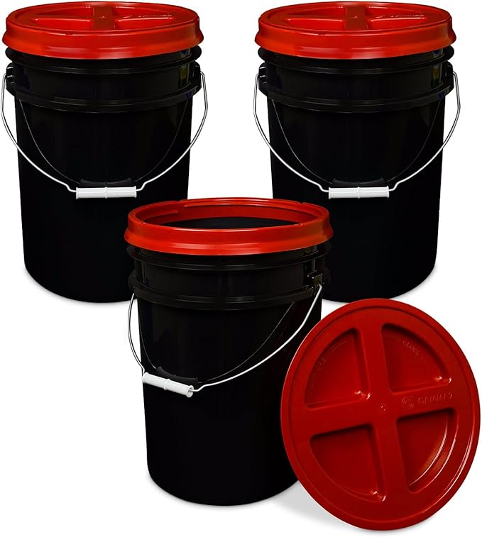ePackageSupply 5 Gallon Bucket - Food Grade Bucket with Airtight Gamma Seal Screw-On Lid, BPA-Free, Heavy-Duty 90 Mil HDPE Plastic, Bulk Storage, Durable Container, Made in USA, Black/Red, 3 Packs