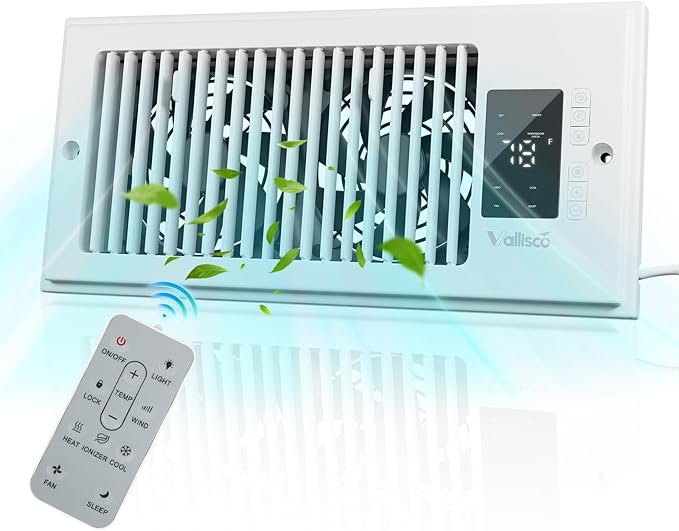VallisCo Register Booster Fan 4"x10", 10-Speed Quiet Vent Fan with Negative Ion, Thermostat & Remote, Enhances and Improves Heating & Cooling Efficiency, Air Vent Booster for Home Room Comfort, White