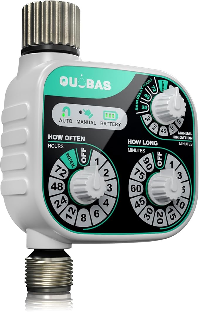 QUOBAS Mechanical Dial Hose Timer, Waterproof Sprinkler Timer with Rain Delay/Auto/Manual Modes for Drip Irrigation System, Pool, Lawn, Durable Metal Fittings, Easy Set 3-Dial Program, Battery Powered