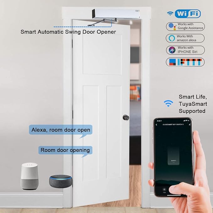 WiFi Smart Automatic Swing Door Operator, Residential Electric Door Opener with IR&RF WiFi Remote Control Hub, Compatible with Alexa Google Home Assistant (Black)