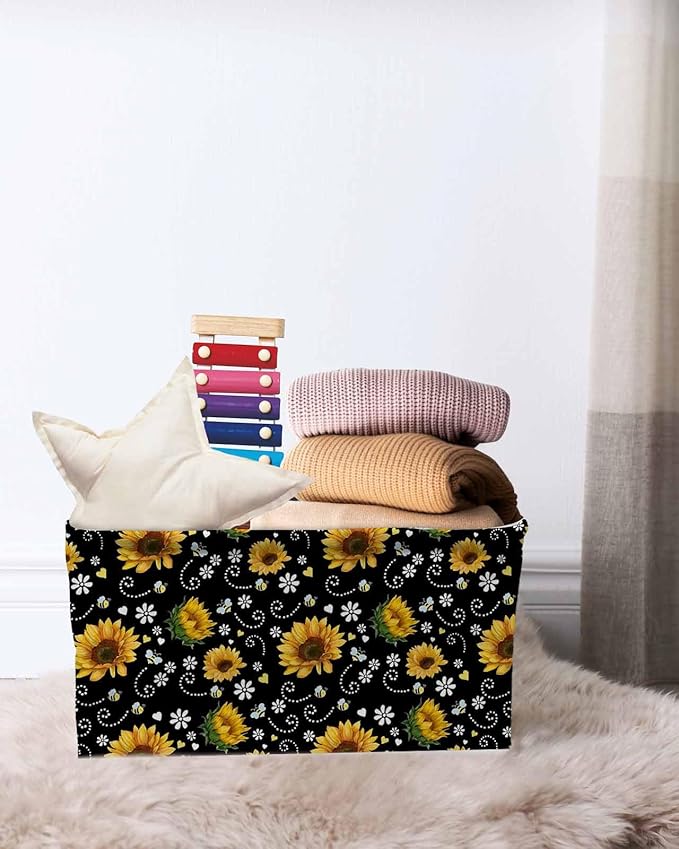 Black Yellow Sunflower Storage Bins Cubes Waterproof Cloth Storage Basket,Summer Botanical Farmhouse Floral Foldable Storage Bags for Shelf Clothes Storages Organizers with Handles 15x11x9.5 in 2PCS