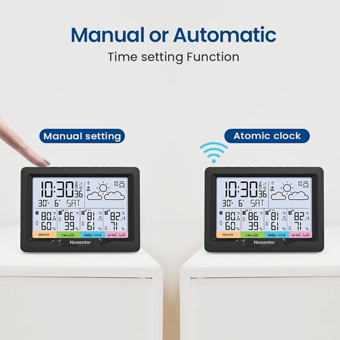 Newentor Weather Station Wireless Indoor Outdoor Multiple Sensors, Digital Atomic Clock Weather Thermometer, Temperature and Humidity Monitor, Forecast Weather Station with Backlight, Black
