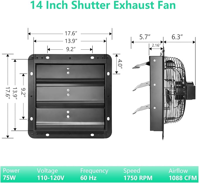 14 Inch Shutter Exhaust Fan,Wall Mount Ventilator Fan with ON/OFF Switch,Attic Vent Fan for Greenhouse, Garage, Gable, Barn, Shed,Chicken Coops Ventilation Fans 1088 CFM,1750RPM