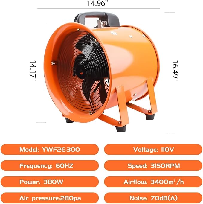 dreamdragon 12-Inch High-Velocity Portable Utility Blower Fan, Industrial Exhaust Fan, 3150 RPM Low-Noise Ventilator for Basements, Workshops, Warehouses, and Confined Spaces